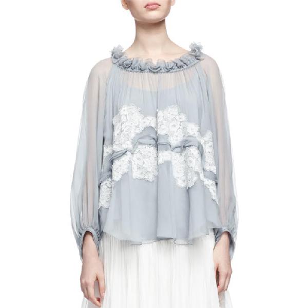 Chloe Ruffled Lace-Appliqued Silk-Crepon Blouse