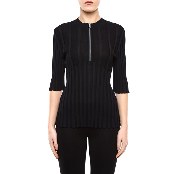 Céline Ribbed Knit Short-Sleeve Front Zip Top