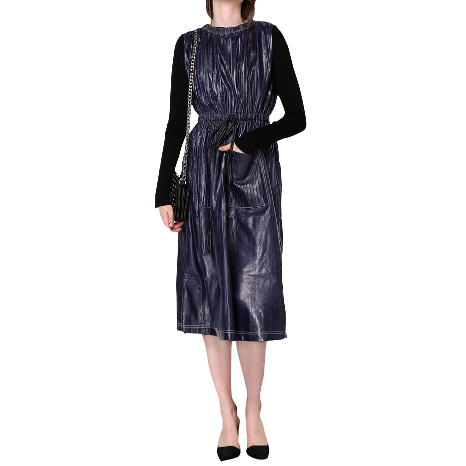Celine Drawstring Waist Pleated Leather Dress