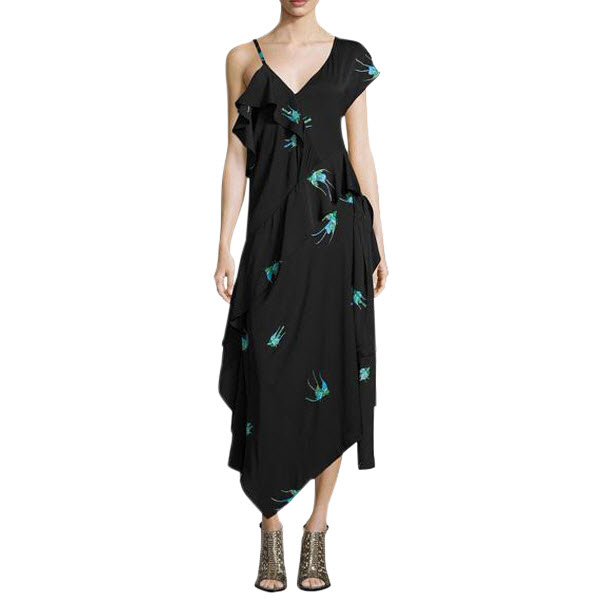 Diane von Furstenberg Bird Print Silk Ruffle Dress