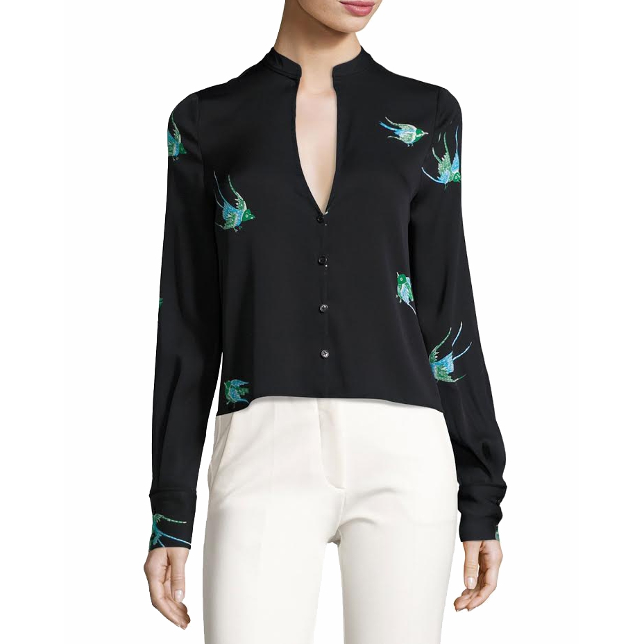 Diane von Furstenberg Bird-Print Silk V-Neck Shirt
