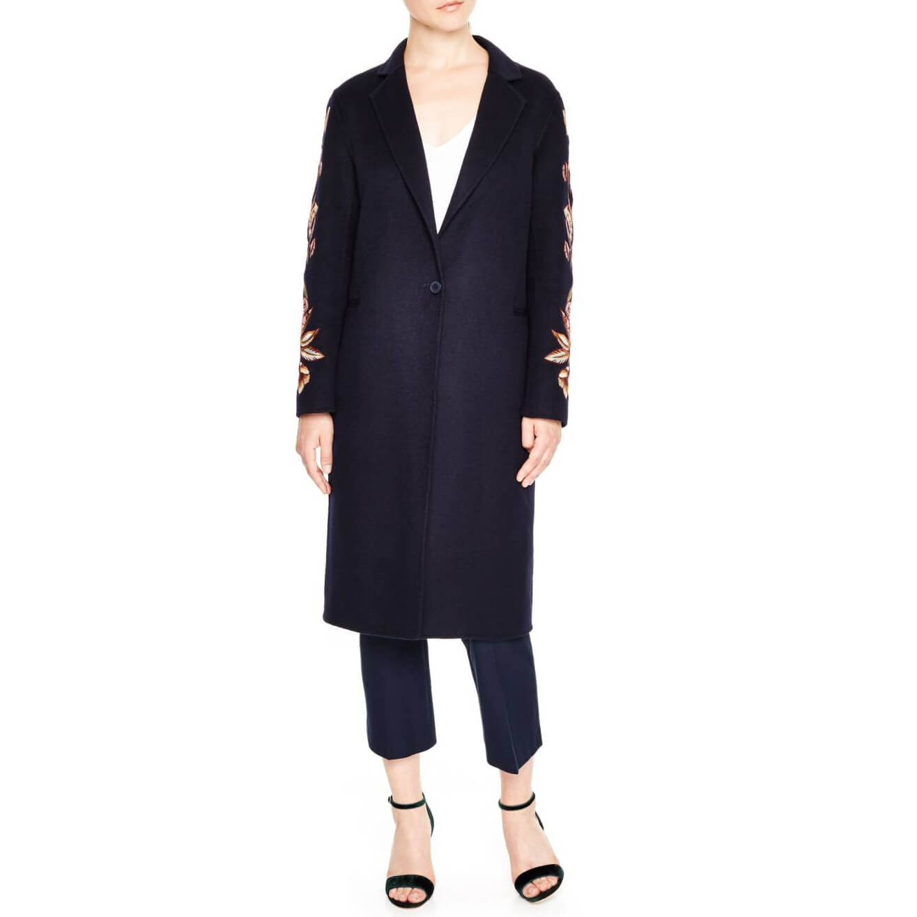 Sandro Floral Embroidery Wool Blend Coat