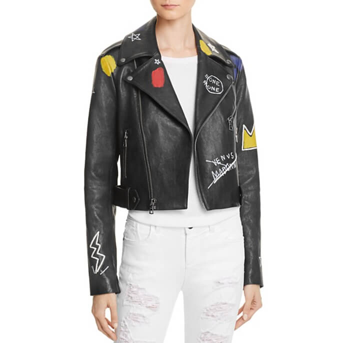 Alice + Olivia X Basquiat Cody Embellished Leather Biker Jacket