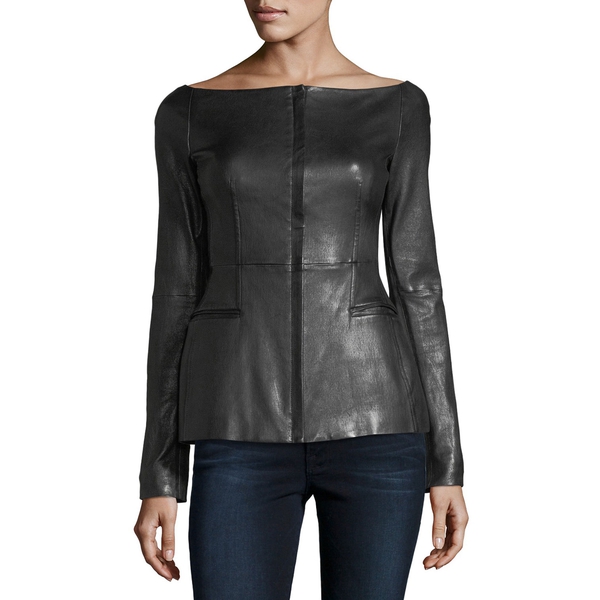 Theory Off-the-Shoulder Long-Sleeve Leather Jacket