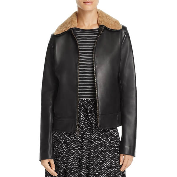 Vince Detachable Shearling Collar Leather Jacket