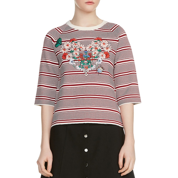 Maje Marco Floral Embroidery Striped Sweater