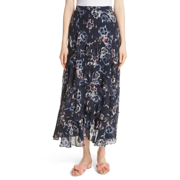 Rebecca Taylor Faded Floral Tiered Ruffle Midi Skirt