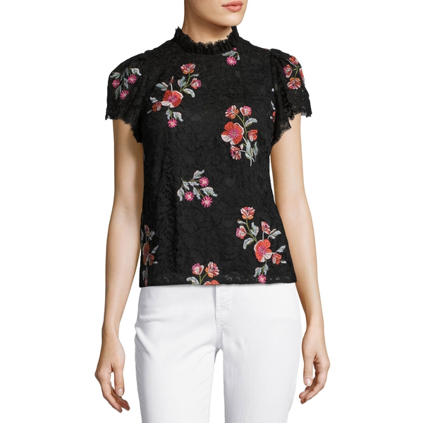 Rebecca Taylor Short-Sleeve Floral Embroidered Lace Top