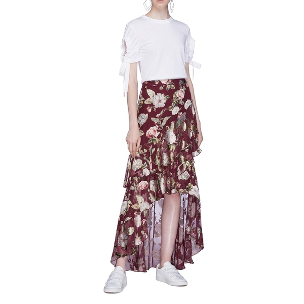 Alice + Olivia Walker Asymmetric Tiered Floral Print Fil Coupé Skirt