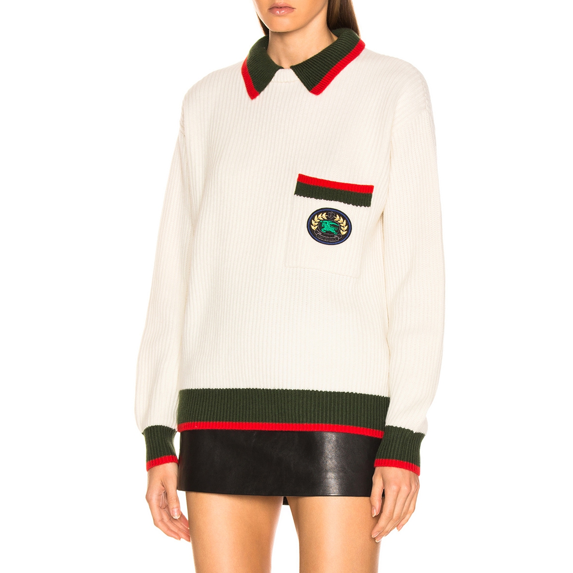 Burberry Olivine Contrast Stripe Collar Crest Sweater