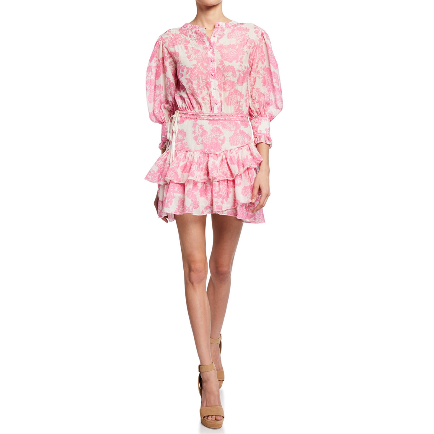 LoveShackFancy Lorelei Pink Gem Floral Ruffle Mini Dress