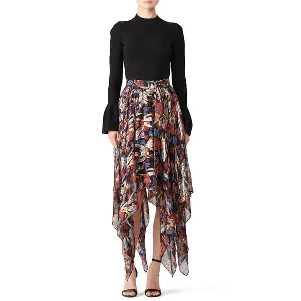 The Kooples Bollywood Floral Lurex Asymmetric Midi Skirt