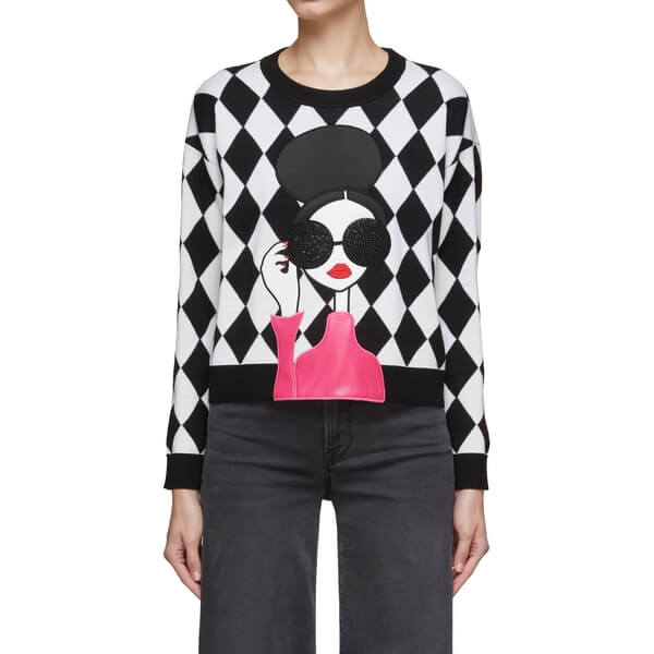 Alice + Olivia Gleeson Applique Checkerboard Crewneck Sweater